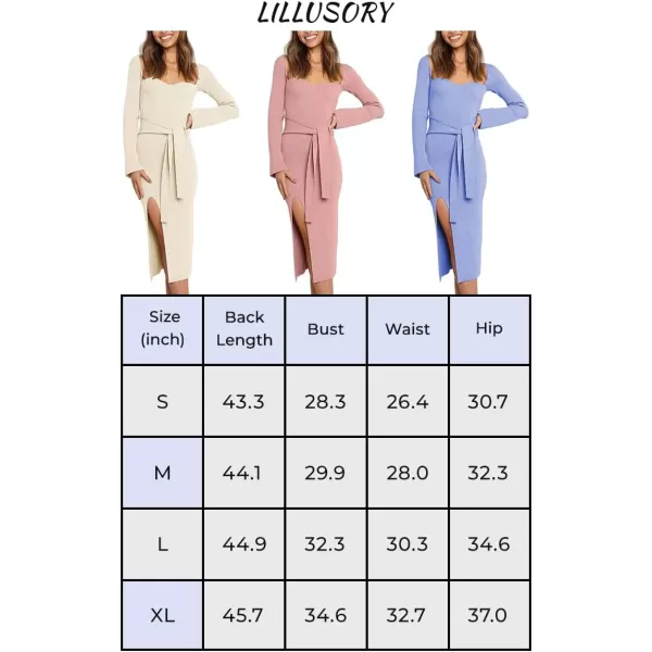 LILLUSORY Women's Sweetheart Neckline Midi Dress Long Sleeve Ribbed Knit Sweater Outfits with Slit and Belt 2024 Spring