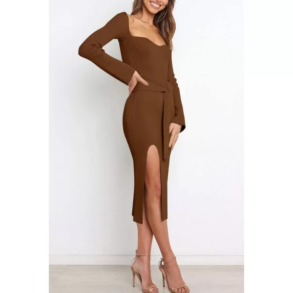 LILLUSORY Women's Sweetheart Neckline Midi Dress Long Sleeve Ribbed Knit Sweater Outfits with Slit and Belt 2024 Spring