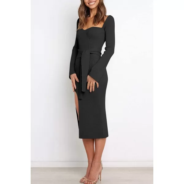 LILLUSORY Women's Sweetheart Neckline Midi Dress Long Sleeve Ribbed Knit Sweater Outfits with Slit and Belt 2024 Spring