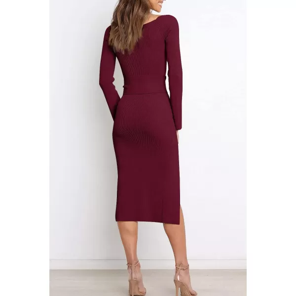 LILLUSORY Women's Sweetheart Neckline Midi Dress Long Sleeve Ribbed Knit Sweater Outfits with Slit and Belt 2024 Spring