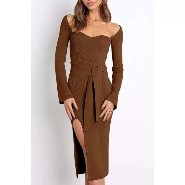 LILLUSORY Women's Sweetheart Neckline Midi Dress Long Sleeve Ribbed Knit Sweater Outfits with Slit and Belt 2024 Spring