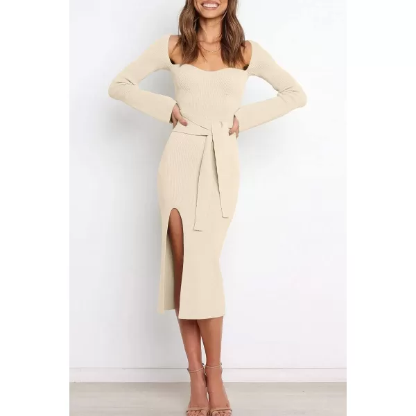 LILLUSORY Women's Sweetheart Neckline Midi Dress Long Sleeve Ribbed Knit Sweater Outfits with Slit and Belt 2024 Spring