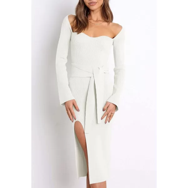 LILLUSORY Women's Sweetheart Neckline Midi Dress Long Sleeve Ribbed Knit Sweater Outfits with Slit and Belt 2024 Spring