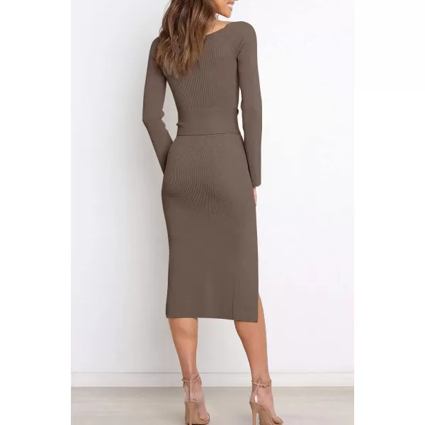 LILLUSORY Women's Sweetheart Neckline Midi Dress Long Sleeve Ribbed Knit Sweater Outfits with Slit and Belt 2024 Spring