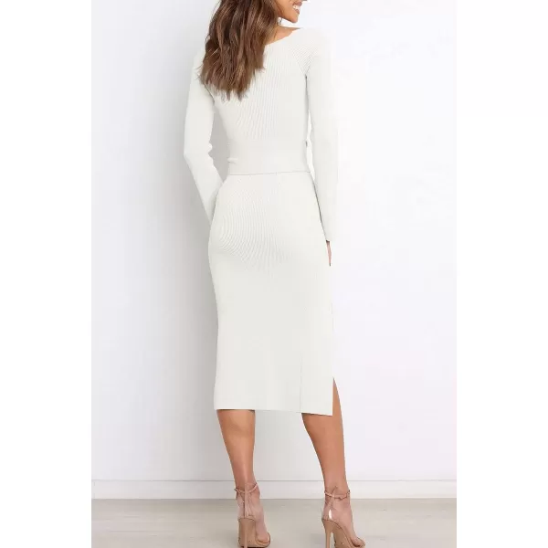 LILLUSORY Women's Sweetheart Neckline Midi Dress Long Sleeve Ribbed Knit Sweater Outfits with Slit and Belt 2024 Spring