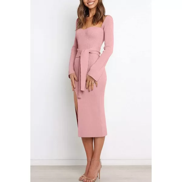 LILLUSORY Women's Sweetheart Neckline Midi Dress Long Sleeve Ribbed Knit Sweater Outfits with Slit and Belt 2024 Spring
