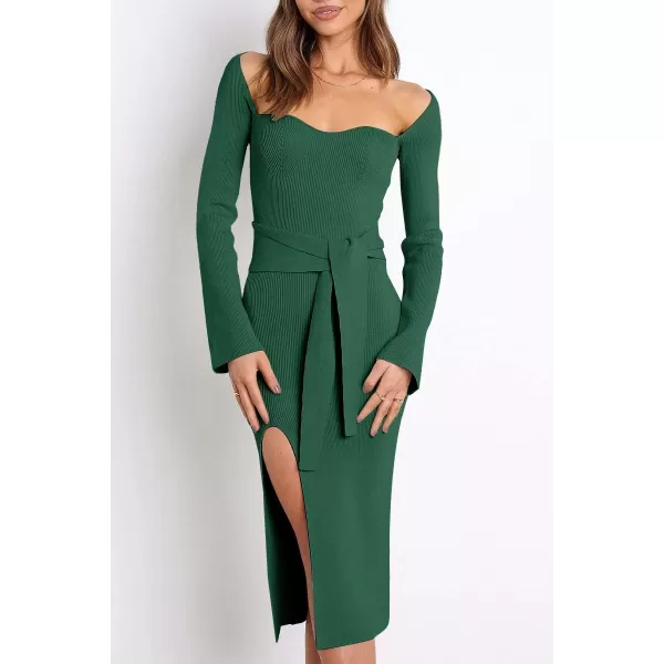LILLUSORY Women's Sweetheart Neckline Midi Dress Long Sleeve Ribbed Knit Sweater Outfits with Slit and Belt 2024 Spring
