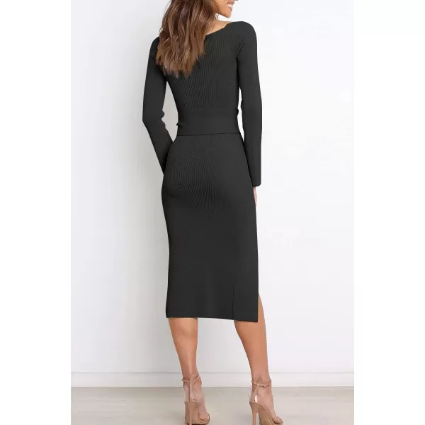 LILLUSORY Women's Sweetheart Neckline Midi Dress Long Sleeve Ribbed Knit Sweater Outfits with Slit and Belt 2024 Spring