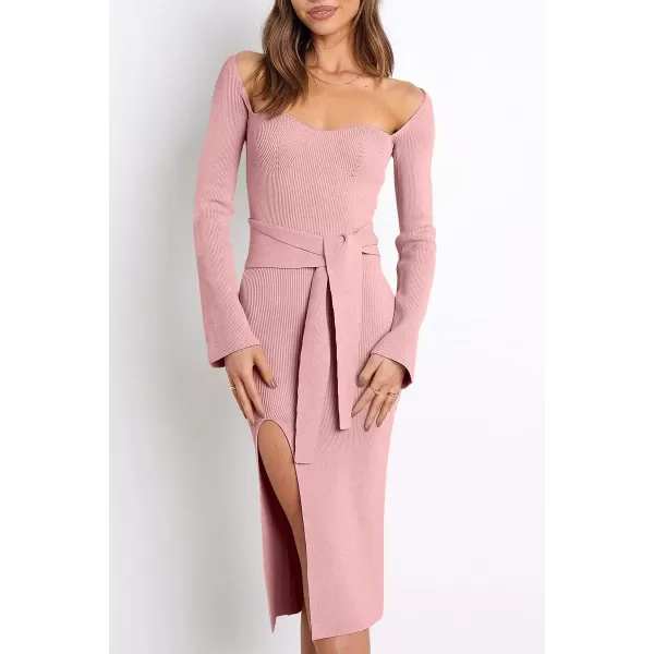 LILLUSORY Women's Sweetheart Neckline Midi Dress Long Sleeve Ribbed Knit Sweater Outfits with Slit and Belt 2024 Spring