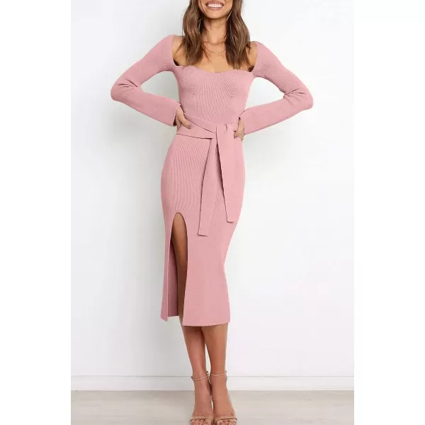 LILLUSORY Women's Sweetheart Neckline Midi Dress Long Sleeve Ribbed Knit Sweater Outfits with Slit and Belt 2024 Spring