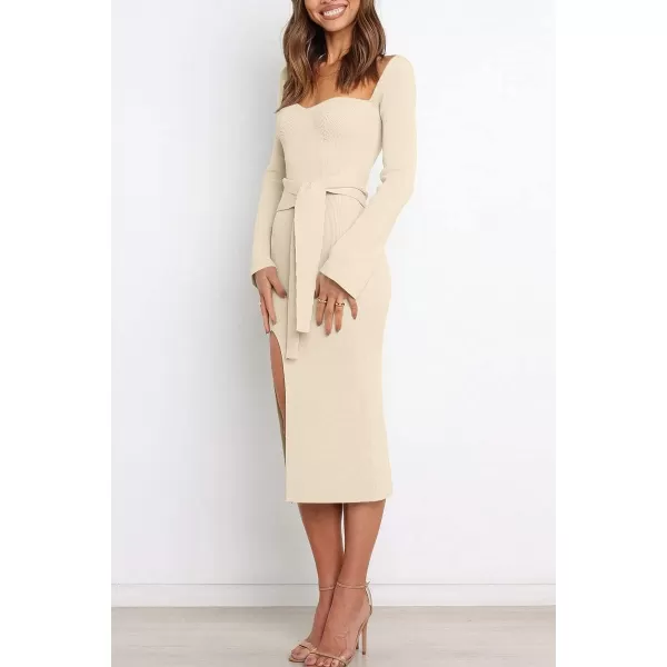 LILLUSORY Women's Sweetheart Neckline Midi Dress Long Sleeve Ribbed Knit Sweater Outfits with Slit and Belt 2024 Spring
