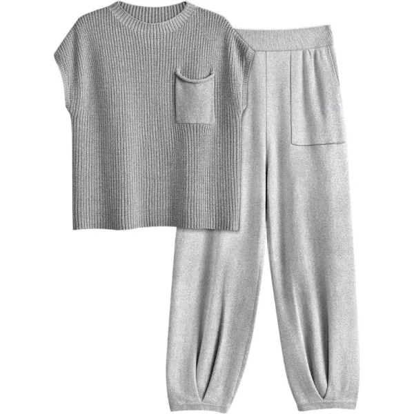 LILLUSORY 2 Piece Outfits For Women Trendy Lounge Sets Cozy Knit Sweater Short Sleeve Fashion Loungewear Set