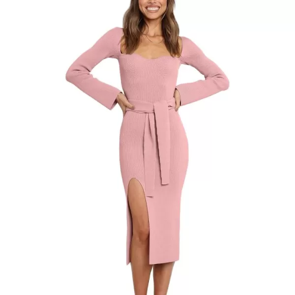 LILLUSORY Women's Sweetheart Neckline Midi Dress Long Sleeve Ribbed Knit Sweater Outfits with Slit and Belt 2024 Spring
