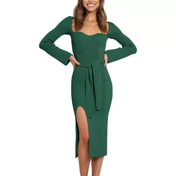 LILLUSORY Women's Sweetheart Neckline Midi Dress Long Sleeve Ribbed Knit Sweater Outfits with Slit and Belt 2024 Spring