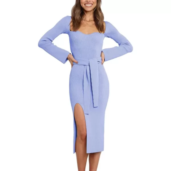 LILLUSORY Women's Sweetheart Neckline Midi Dress Long Sleeve Ribbed Knit Sweater Outfits with Slit and Belt 2024 Spring