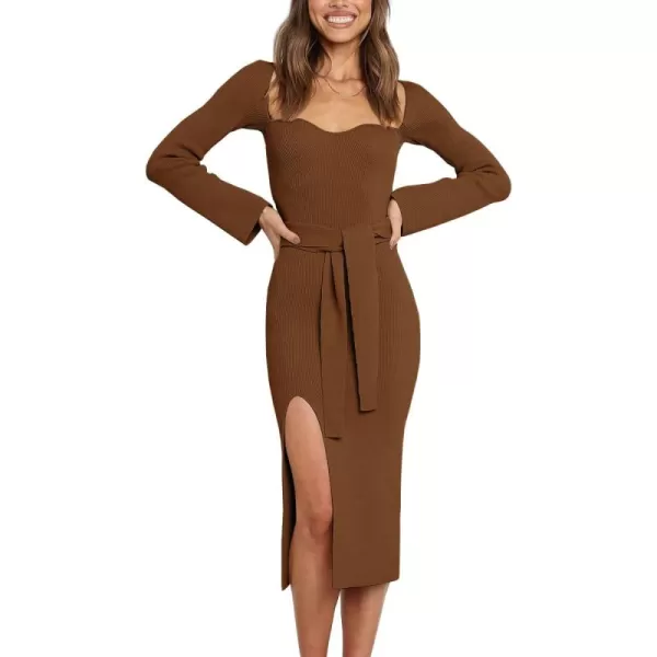 LILLUSORY Women's Sweetheart Neckline Midi Dress Long Sleeve Ribbed Knit Sweater Outfits with Slit and Belt 2024 Spring
