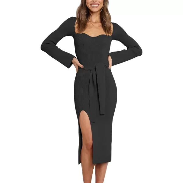 LILLUSORY Women's Sweetheart Neckline Midi Dress Long Sleeve Ribbed Knit Sweater Outfits with Slit and Belt 2024 Spring