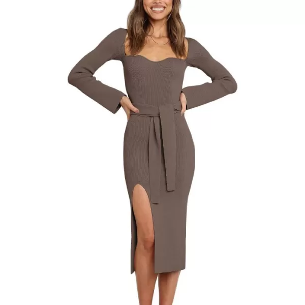 LILLUSORY Women's Sweetheart Neckline Midi Dress Long Sleeve Ribbed Knit Sweater Outfits with Slit and Belt 2024 Spring