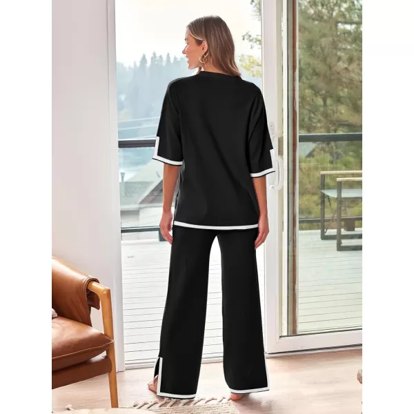 LILLUSORY 2 Piece Lounge Sets Women's Short Sleeve Knit Top Wide Leg Pants Sets