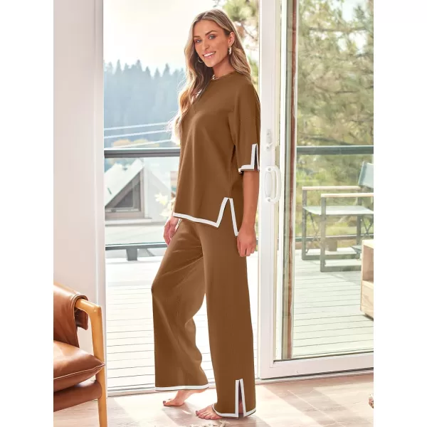 LILLUSORY 2 Piece Lounge Sets Women's Short Sleeve Knit Top Wide Leg Pants Sets