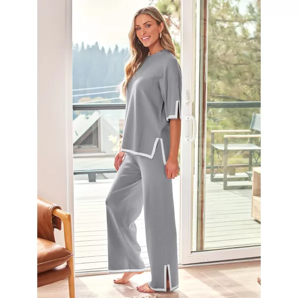 LILLUSORY 2 Piece Lounge Sets Women's Short Sleeve Knit Top Wide Leg Pants Sets
