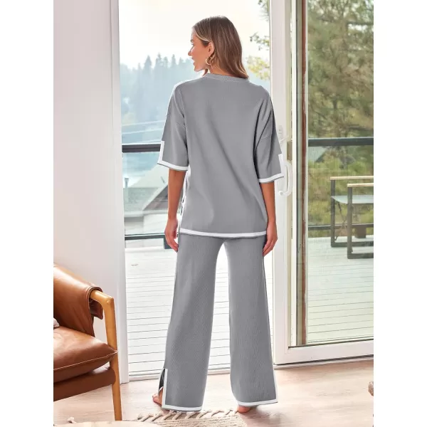 LILLUSORY 2 Piece Lounge Sets Women's Short Sleeve Knit Top Wide Leg Pants Sets