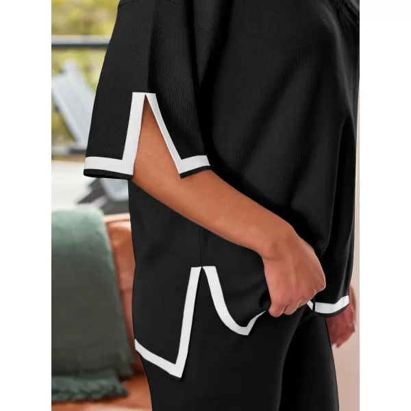 LILLUSORY 2 Piece Lounge Sets Women's Short Sleeve Knit Top Wide Leg Pants Sets