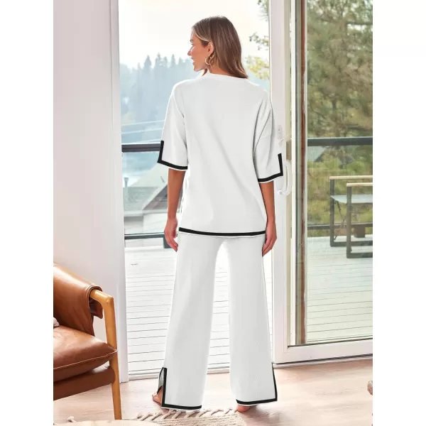 LILLUSORY 2 Piece Lounge Sets Women's Short Sleeve Knit Top Wide Leg Pants Sets