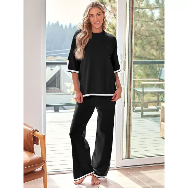 LILLUSORY 2 Piece Lounge Sets Women's Short Sleeve Knit Top Wide Leg Pants Sets
