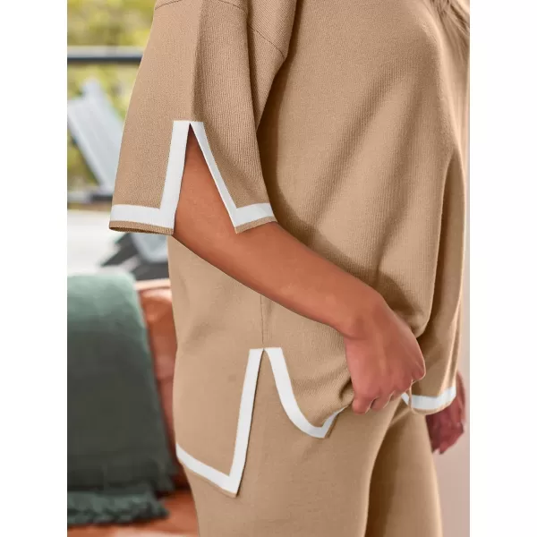 LILLUSORY 2 Piece Lounge Sets Women's Short Sleeve Knit Top Wide Leg Pants Sets