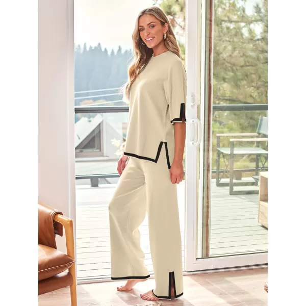 LILLUSORY 2 Piece Lounge Sets Women's Short Sleeve Knit Top Wide Leg Pants Sets