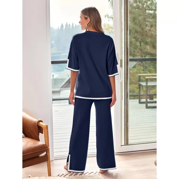 LILLUSORY 2 Piece Lounge Sets Women's Short Sleeve Knit Top Wide Leg Pants Sets