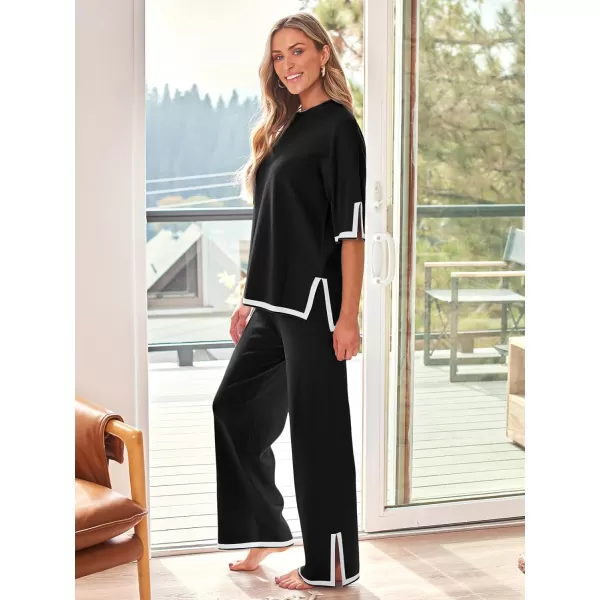 LILLUSORY 2 Piece Lounge Sets Women's Short Sleeve Knit Top Wide Leg Pants Sets