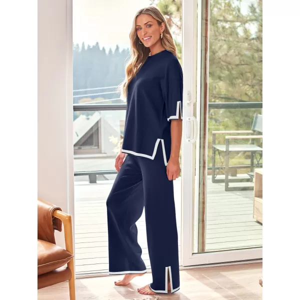 LILLUSORY 2 Piece Lounge Sets Women's Short Sleeve Knit Top Wide Leg Pants Sets