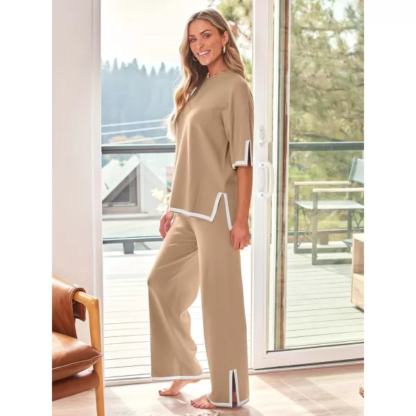 LILLUSORY 2 Piece Lounge Sets Women's Short Sleeve Knit Top Wide Leg Pants Sets
