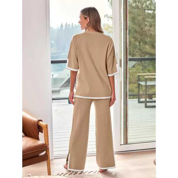 LILLUSORY 2 Piece Lounge Sets Women's Short Sleeve Knit Top Wide Leg Pants Sets