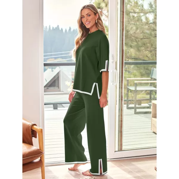 LILLUSORY 2 Piece Lounge Sets Women's Short Sleeve Knit Top Wide Leg Pants Sets