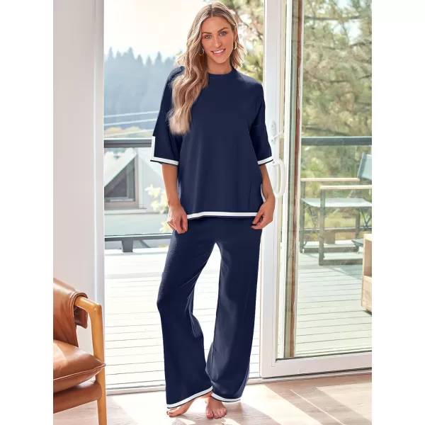 LILLUSORY 2 Piece Lounge Sets Women's Short Sleeve Knit Top Wide Leg Pants Sets