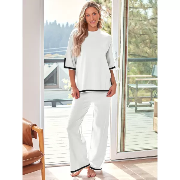 LILLUSORY 2 Piece Lounge Sets Women's Short Sleeve Knit Top Wide Leg Pants Sets