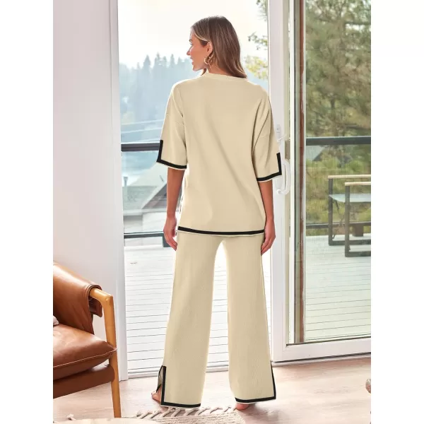 LILLUSORY 2 Piece Lounge Sets Women's Short Sleeve Knit Top Wide Leg Pants Sets