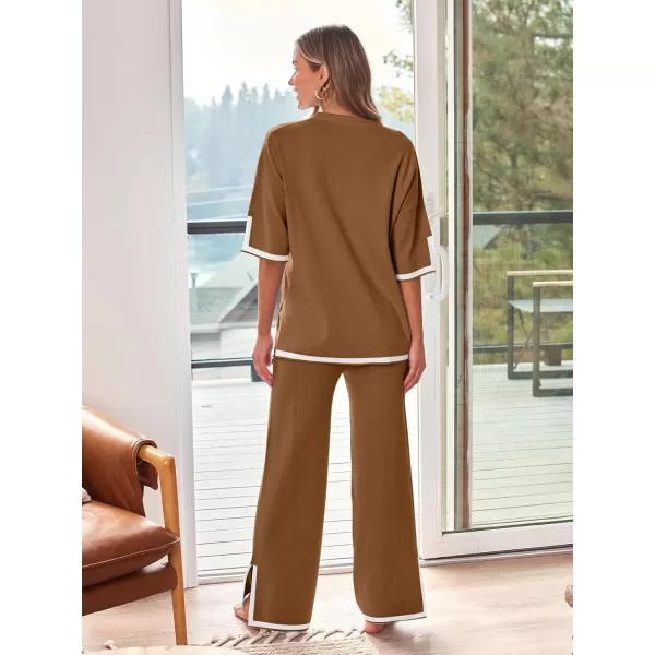 LILLUSORY 2 Piece Lounge Sets Women's Short Sleeve Knit Top Wide Leg Pants Sets
