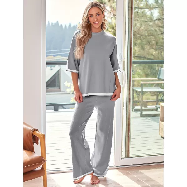 LILLUSORY 2 Piece Lounge Sets Women's Short Sleeve Knit Top Wide Leg Pants Sets