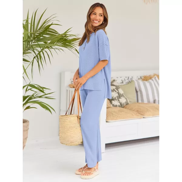 LILLUSORY Lounge Sets for Women 2 Piece Casual Outfits Matching Sets Short Sleeve Cozy knit Tops and Elastic Waisted Pants