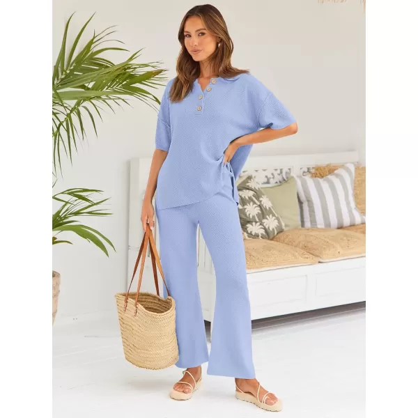 LILLUSORY Lounge Sets for Women 2 Piece Casual Outfits Matching Sets Short Sleeve Cozy knit Tops and Elastic Waisted Pants