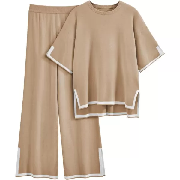 LILLUSORY 2 Piece Lounge Sets Women's Short Sleeve Knit Top Wide Leg Pants Sets