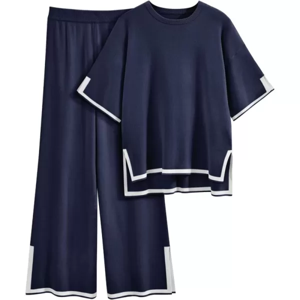 LILLUSORY 2 Piece Lounge Sets Women's Short Sleeve Knit Top Wide Leg Pants Sets