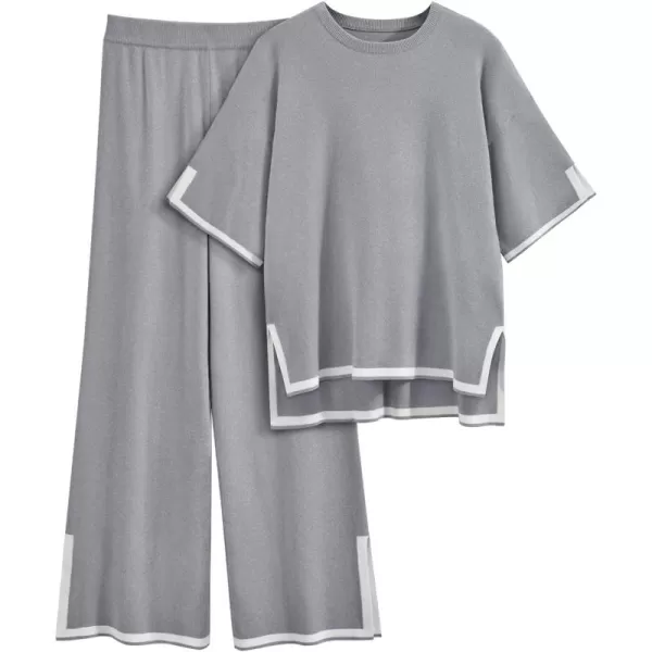 LILLUSORY 2 Piece Lounge Sets Women's Short Sleeve Knit Top Wide Leg Pants Sets