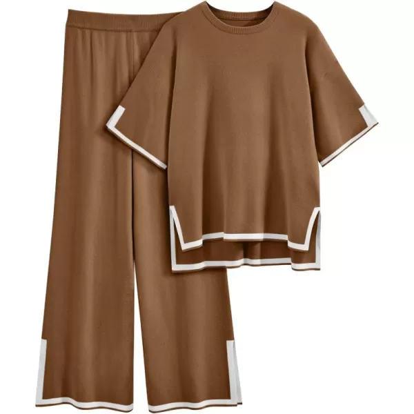 LILLUSORY 2 Piece Lounge Sets Women's Short Sleeve Knit Top Wide Leg Pants Sets