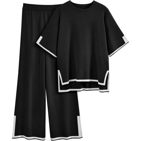 LILLUSORY 2 Piece Lounge Sets Women's Short Sleeve Knit Top Wide Leg Pants Sets