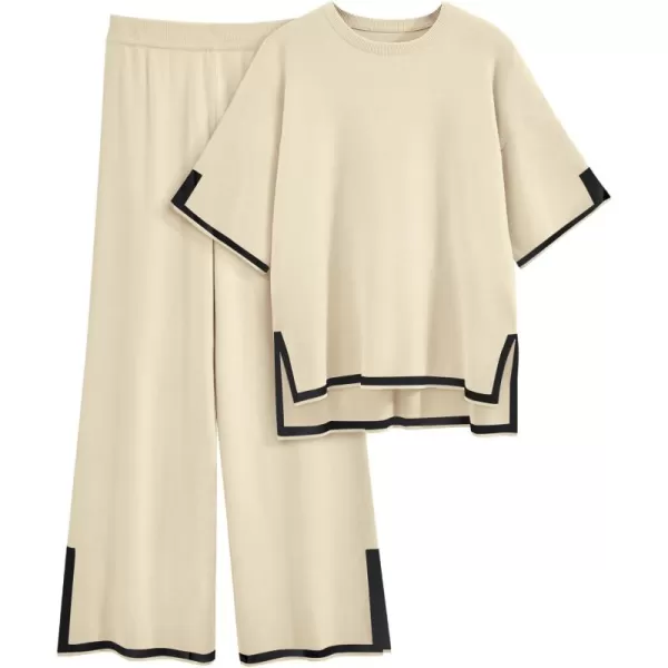 LILLUSORY 2 Piece Lounge Sets Women's Short Sleeve Knit Top Wide Leg Pants Sets